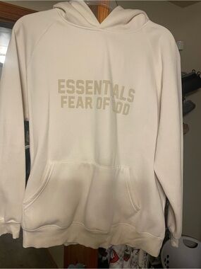 Essentials Fear of God Hoodie in Cream with Black Rubber Logo Patch